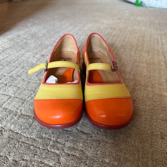 John Fluevog Sandra Rounded-Toe Mary Jane Shoes - Vermillion/Yellow/Lamp - Picture 1 of 5